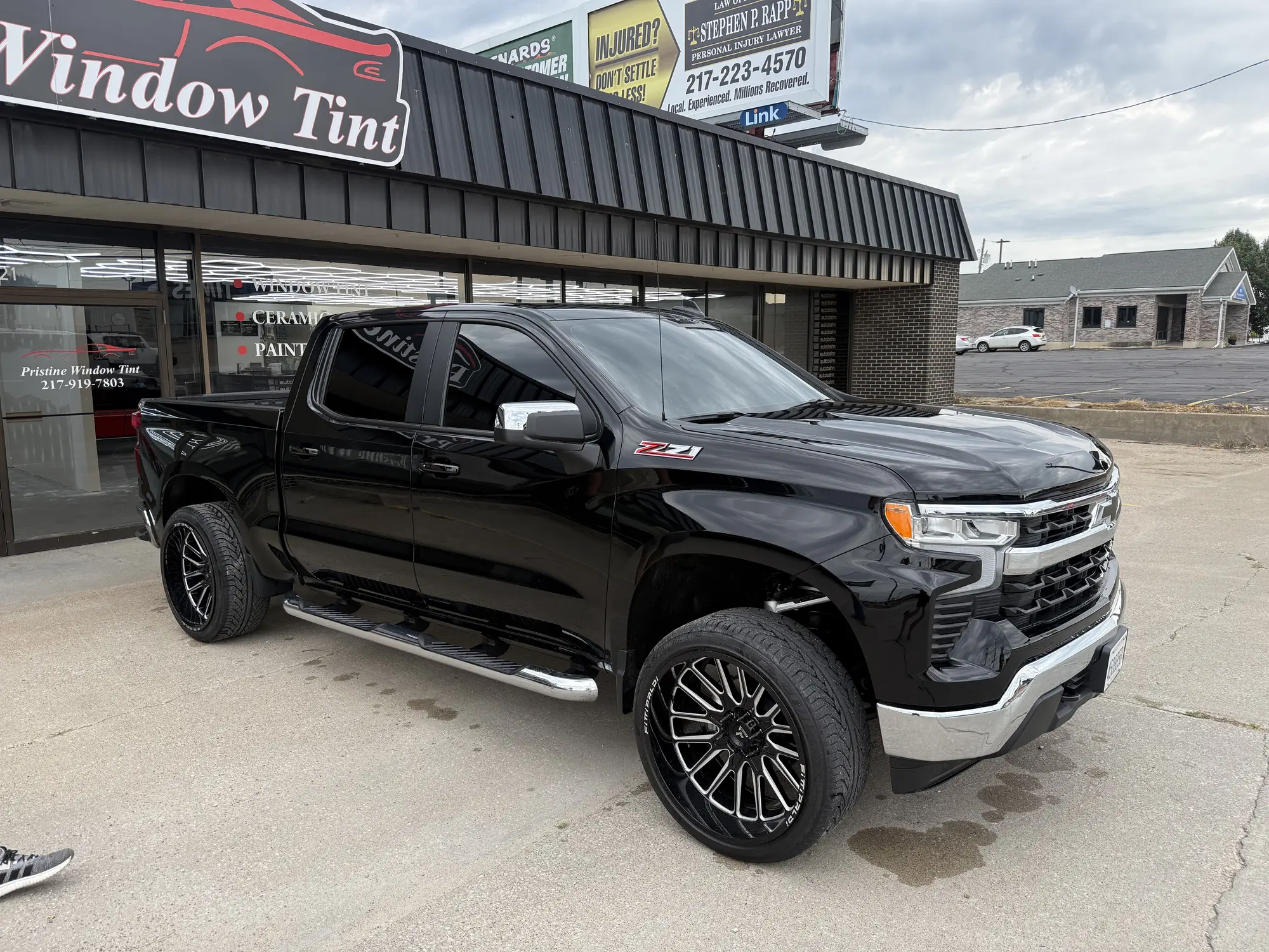 Pickup truck with finished window tint outside Pristine Window Tint in Quincy, Illinois